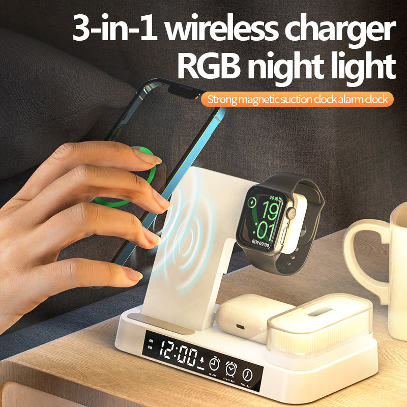 3 In 1 Multifunction Wireless Charger Station With Alarm Clock Display Foldable Wireless Charger Stand With RGB Night Light