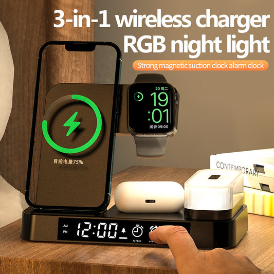 3 In 1 Multifunction Wireless Charger Station With Alarm Clock Display Foldable Wireless Charger Stand With RGB Night Light