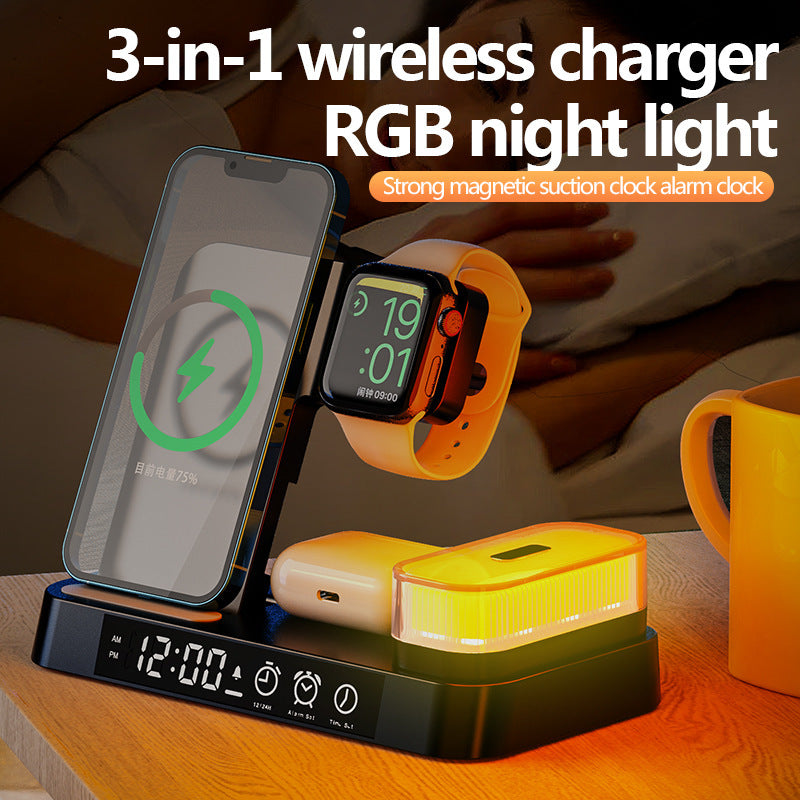 3 In 1 Multifunction Wireless Charger Station With Alarm Clock Display Foldable Wireless Charger Stand With RGB Night Light