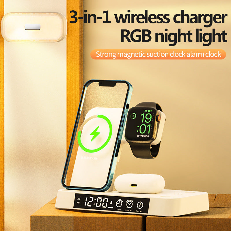 3 In 1 Multifunction Wireless Charger Station With Alarm Clock Display Foldable Wireless Charger Stand With RGB Night Light